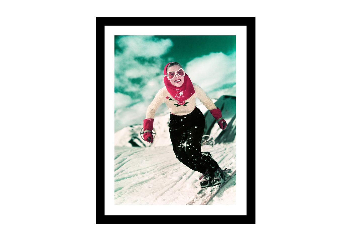 Glass picture w/frame Smiling woman skiing 70cm x 90cm Homefactory