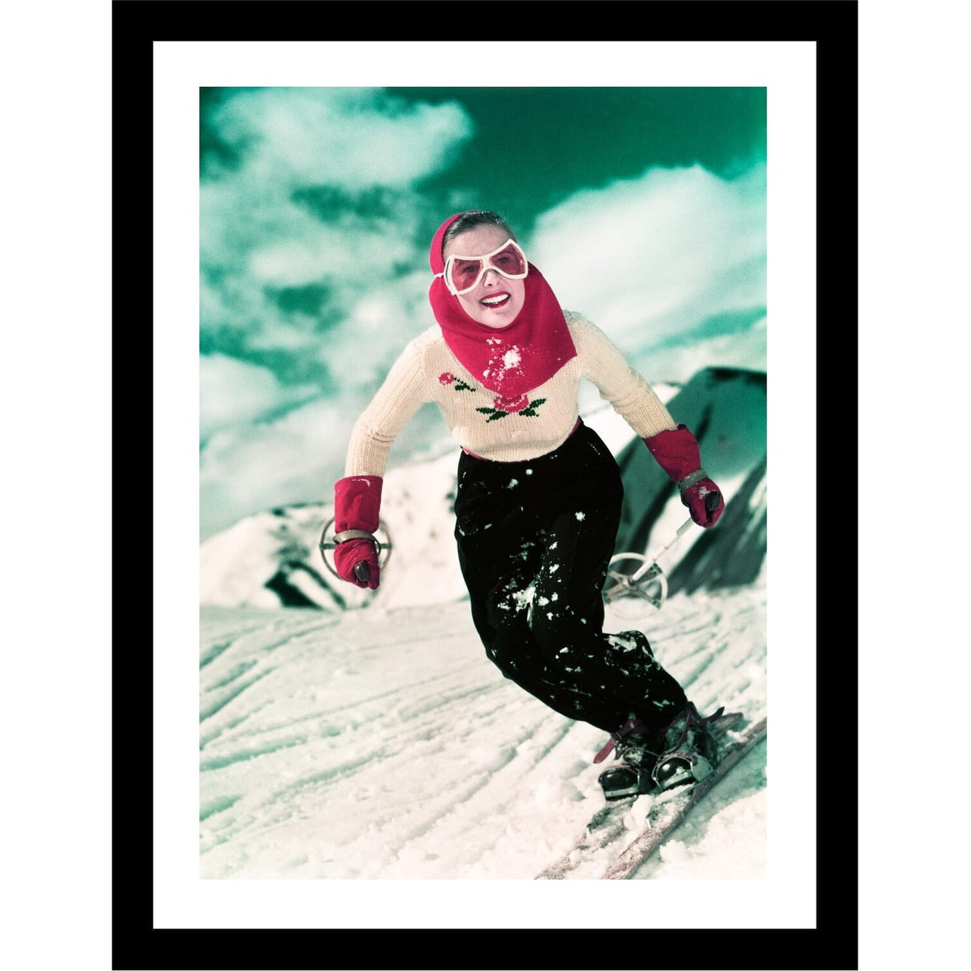 Glass picture w/frame Smiling woman skiing 70cm x 90cm Homefactory