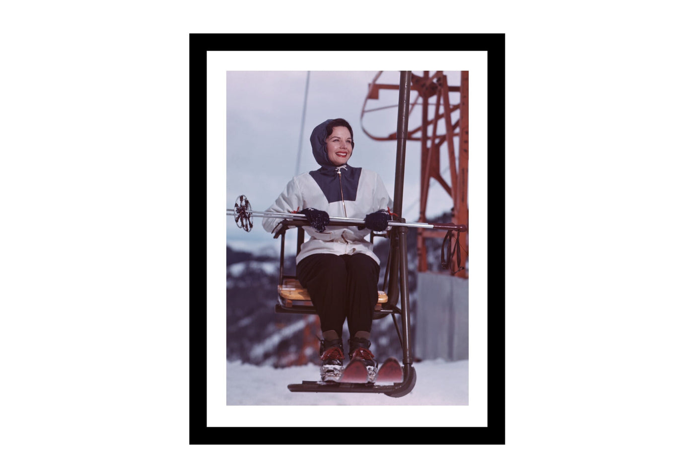 Glass picture w/frame woman takes ski chair lift 70cm x 90cm Homefactory