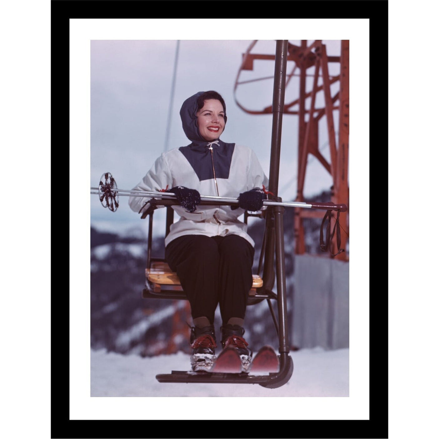 Glass picture w/frame woman takes ski chair lift 70cm x 90cm Homefactory