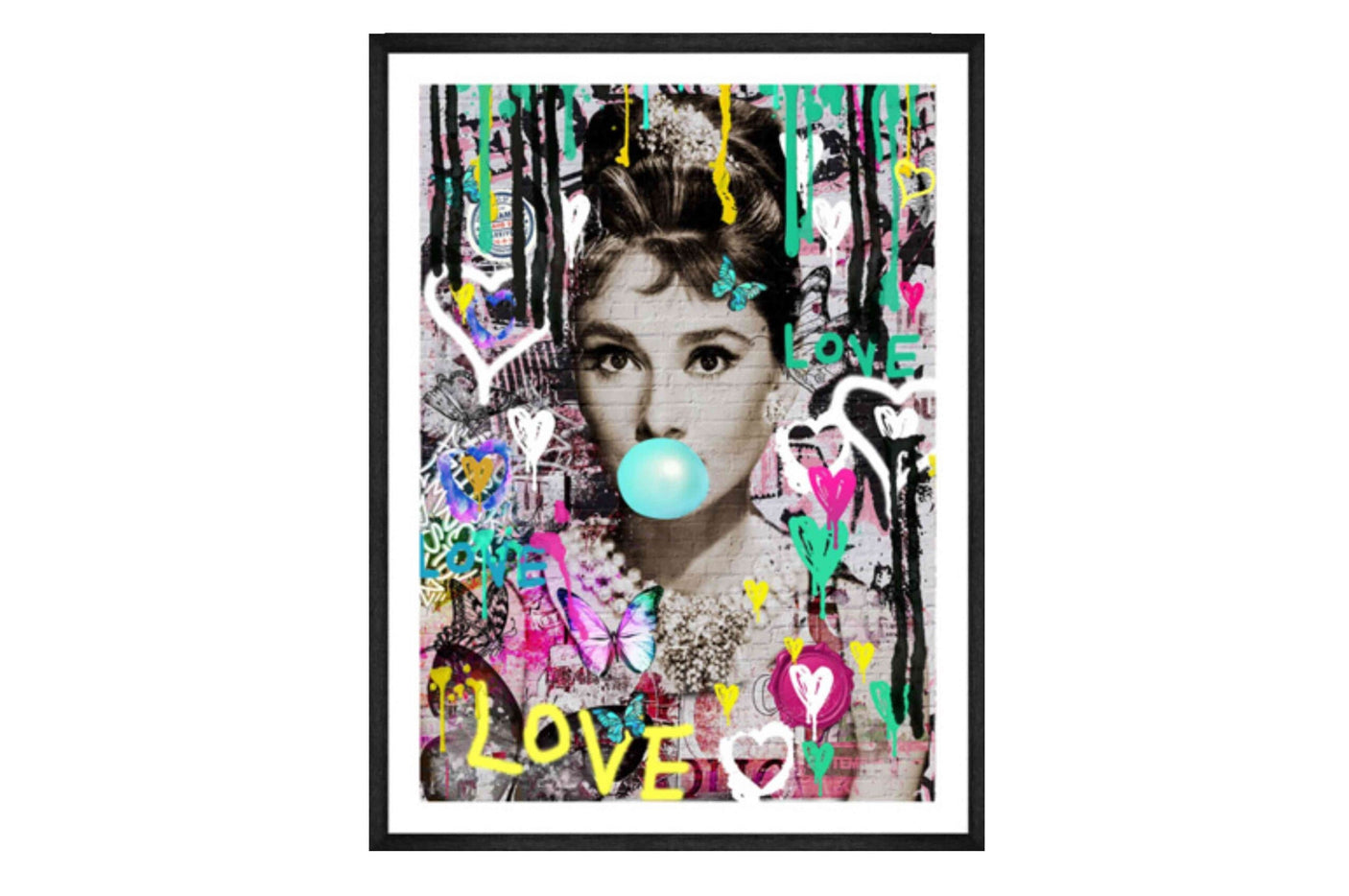 Glass picture w/frame Street art Audrey Hepburn 80cmx120cm Homefactory