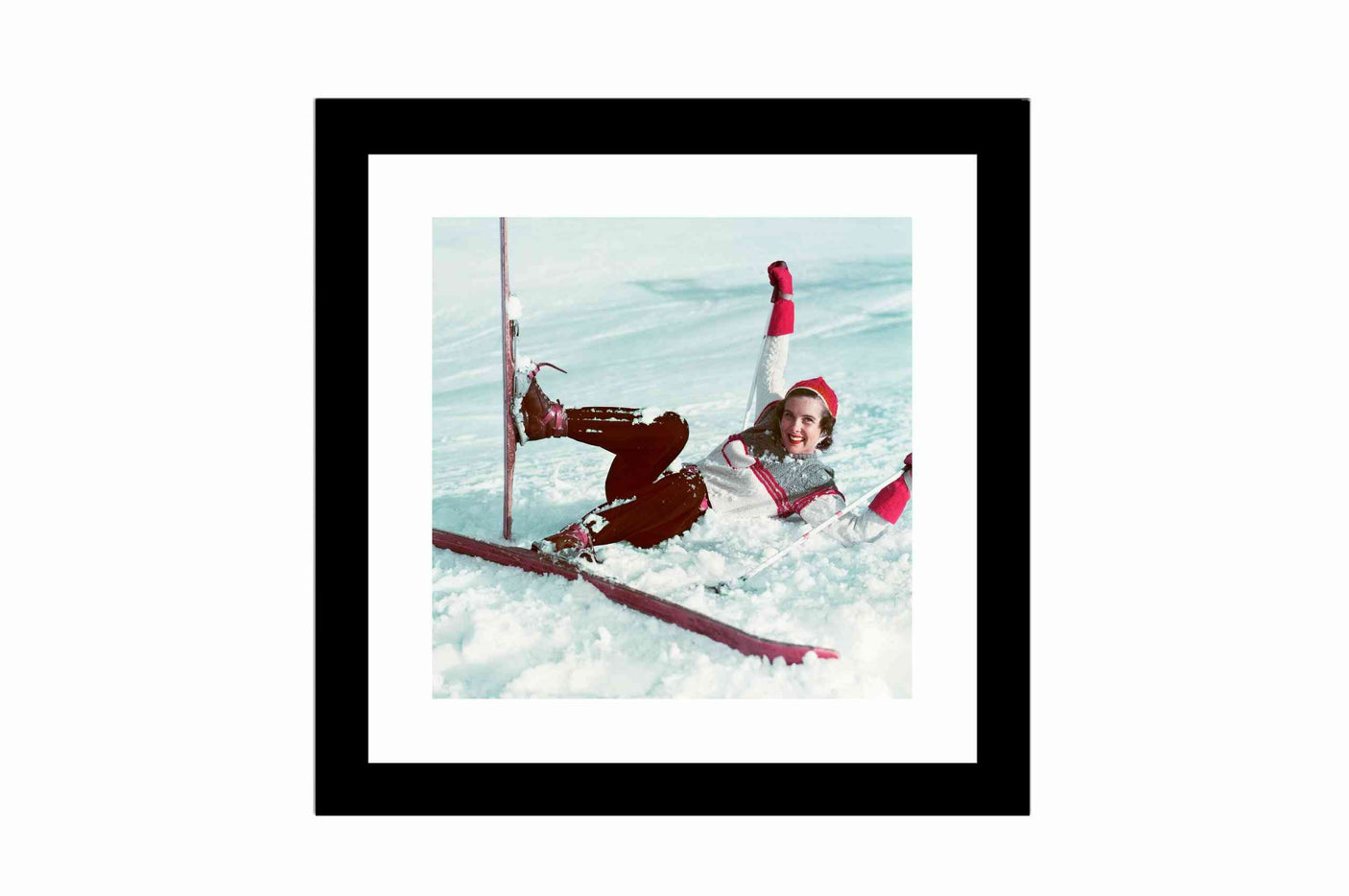 Glass picture w/frame woman on skis falling 60cm x 60cm Homefactory