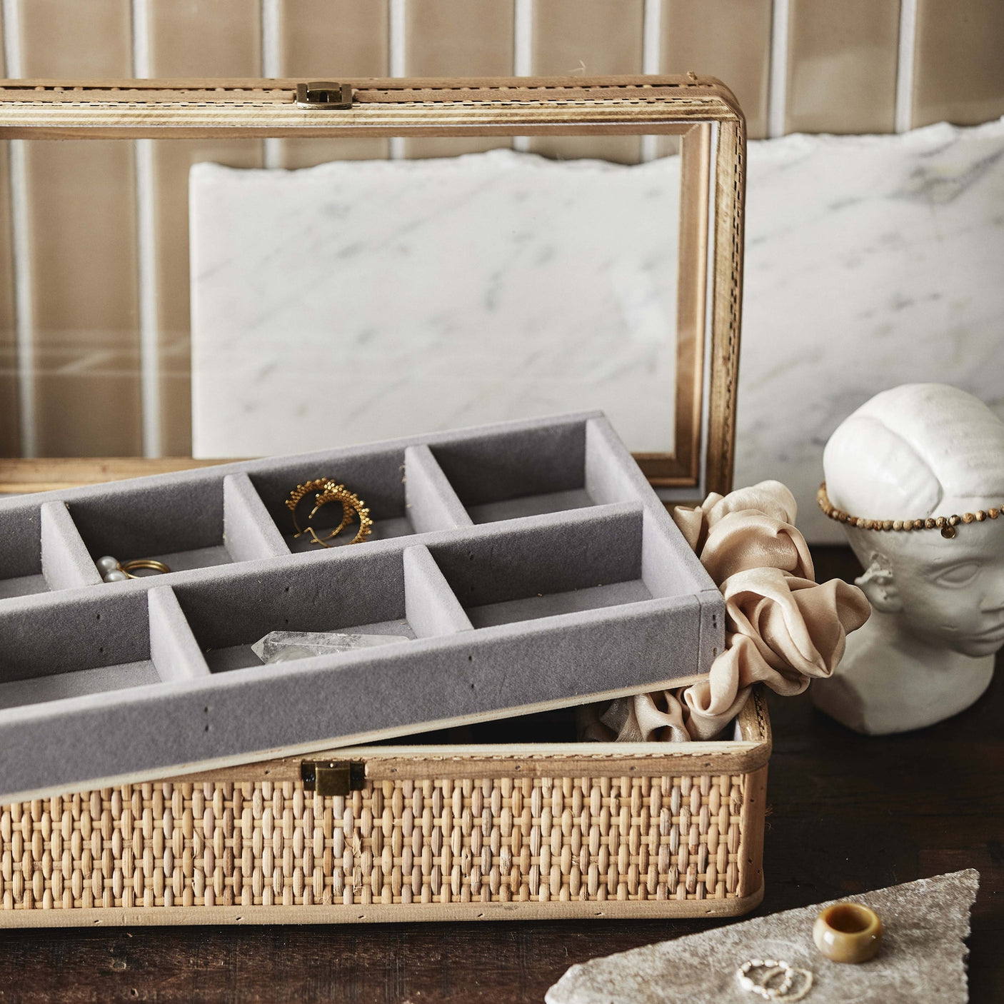 RATTAN smykkebokse i rattan m/glasslås - 19x34 cm - natur Nordal STORAGE