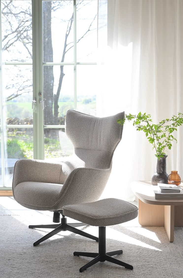 Jenkins lounge chair with foot stool beige fabric/black metal swivel+swing Rowico Sofa stol