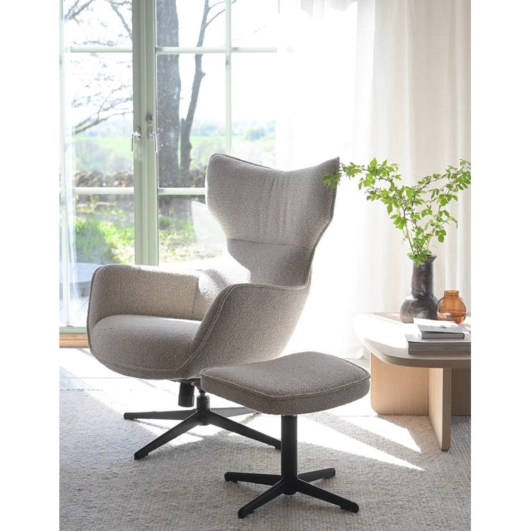 Jenkins lounge chair with foot stool beige fabric/black metal swivel+swing Rowico Sofa stol