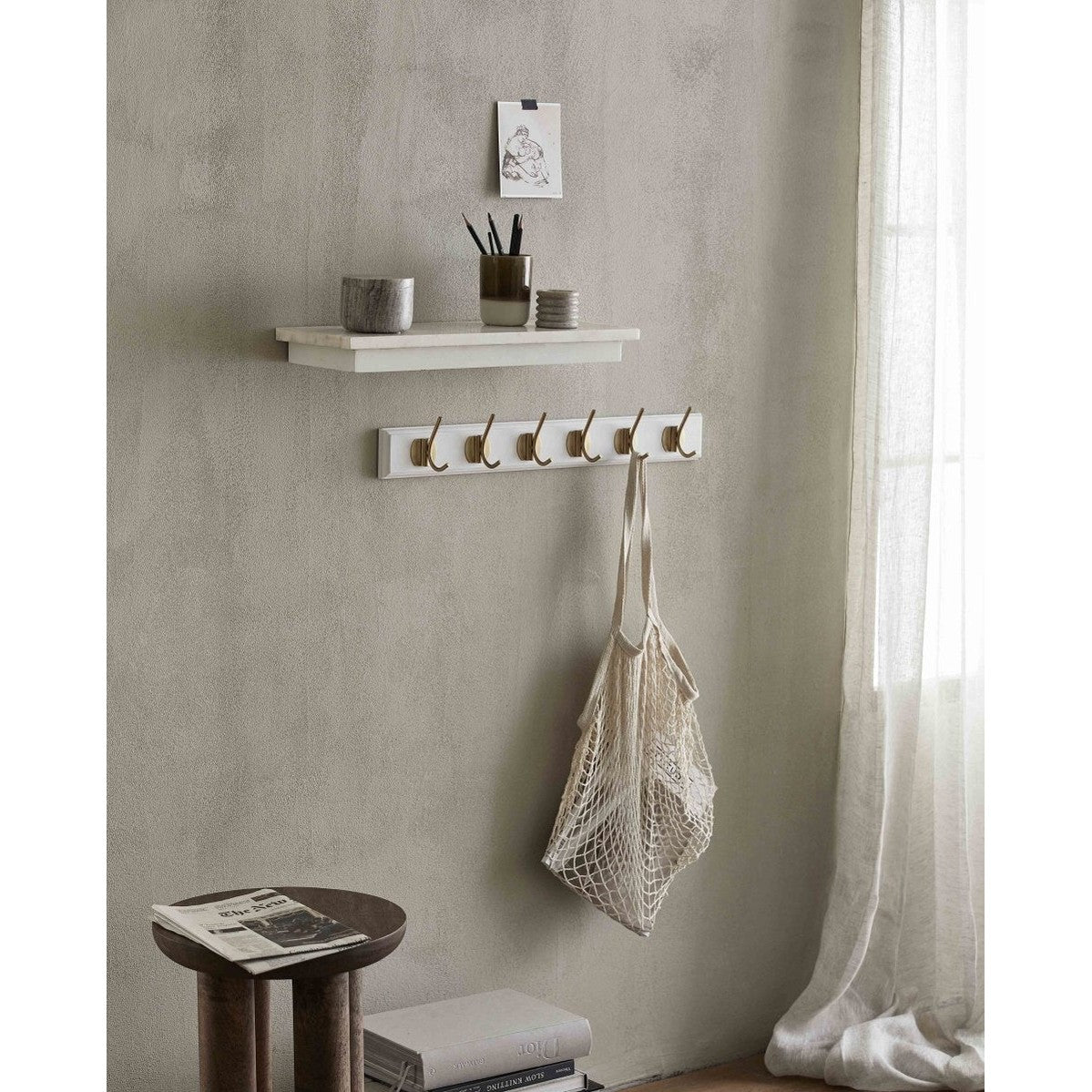 EDGY knagerække i tre med 6 brass knager - 60 cm - hvit Nordal COAT RACKS