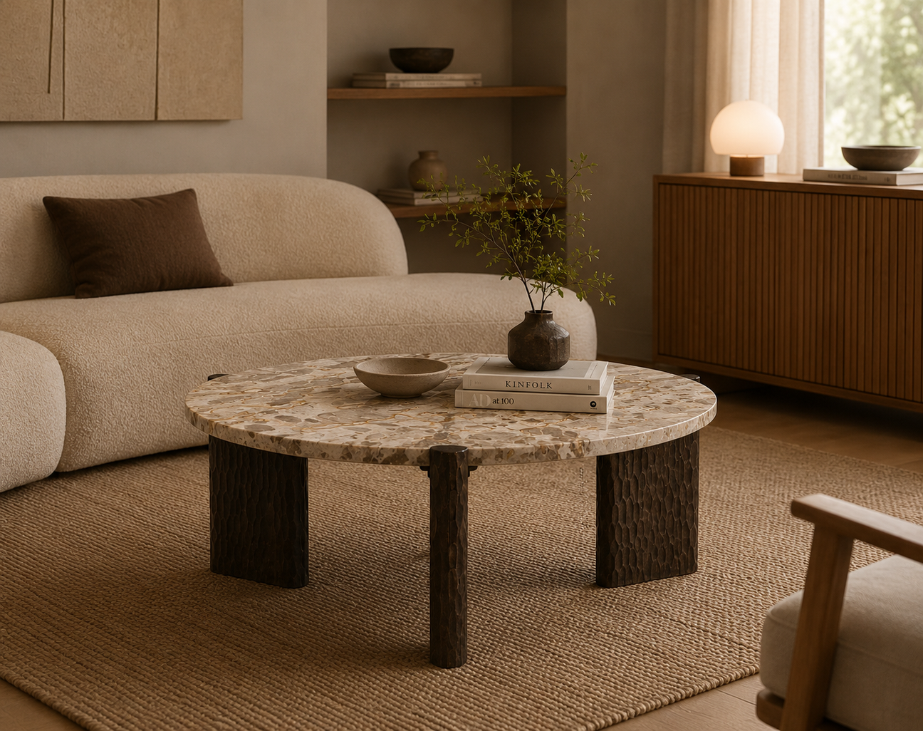 Moderne sofabord foran sofa med dekor – funksjonelt og stilrent midtpunkt i stuen.