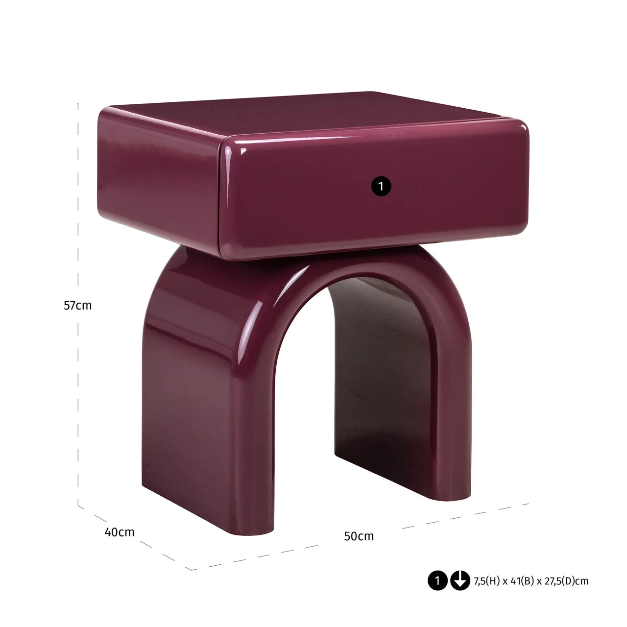 Nightstand Bennet burgunder 1-skuff Richmond Interiors Nattbord